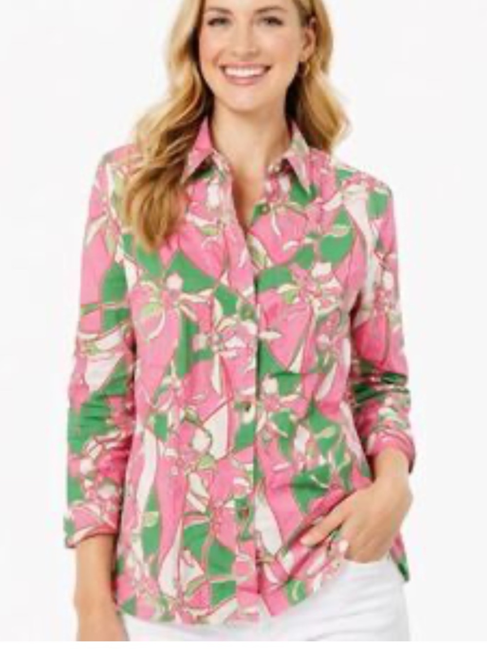 LILLY PULITZER Pink and Green Floral Cotton Blouse
